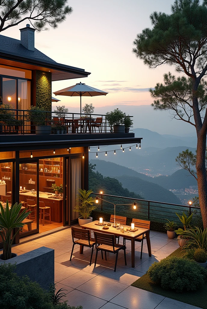 
Terrace on Top of Kitchen Design: The terrace offers additional space for the dining room, allowing guests to enjoy views of the temple and the surrounding environment.
Furniture: Lightweight, weather-resistant tables and chairs, allowing customers to enjoy the outdoors.
vegetation: Potted plants and possibly a vertical garden that complement the design of the space and add freshness.
lightning: Outdoor lamps and string lights create a cozy atmosphere at night.
