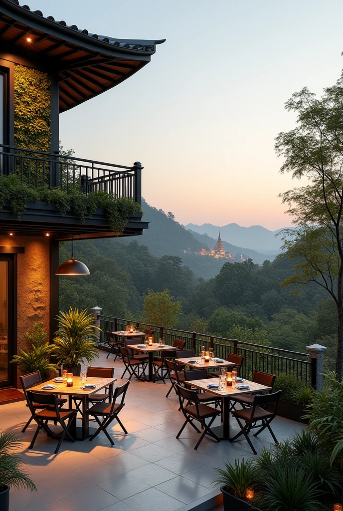 
Terrace on Top of Kitchen Design: The terrace offers additional space for the dining room, allowing guests to enjoy views of the temple and the surrounding environment.
Furniture: Lightweight, weather-resistant tables and chairs, allowing customers to enjoy the outdoors.
vegetation: Potted plants and possibly a vertical garden that complement the design of the space and add freshness.
lightning: Outdoor lamps and string lights create a cozy atmosphere at night.
