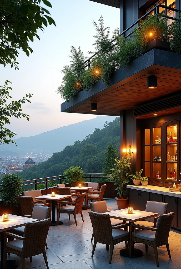Terrace on Top of Kitchen Design: The terrace offers additional space for the dining room, allowing guests to enjoy views of the temple and the surrounding environment.
Furniture: Lightweight, weather-resistant tables and chairs, allowing customers to enjoy the outdoors.
vegetation: Potted plants and possibly a vertical garden that complement the design of the space and add freshness.
lightning: Outdoor lamps and string lights create a cozy atmosphere at night.