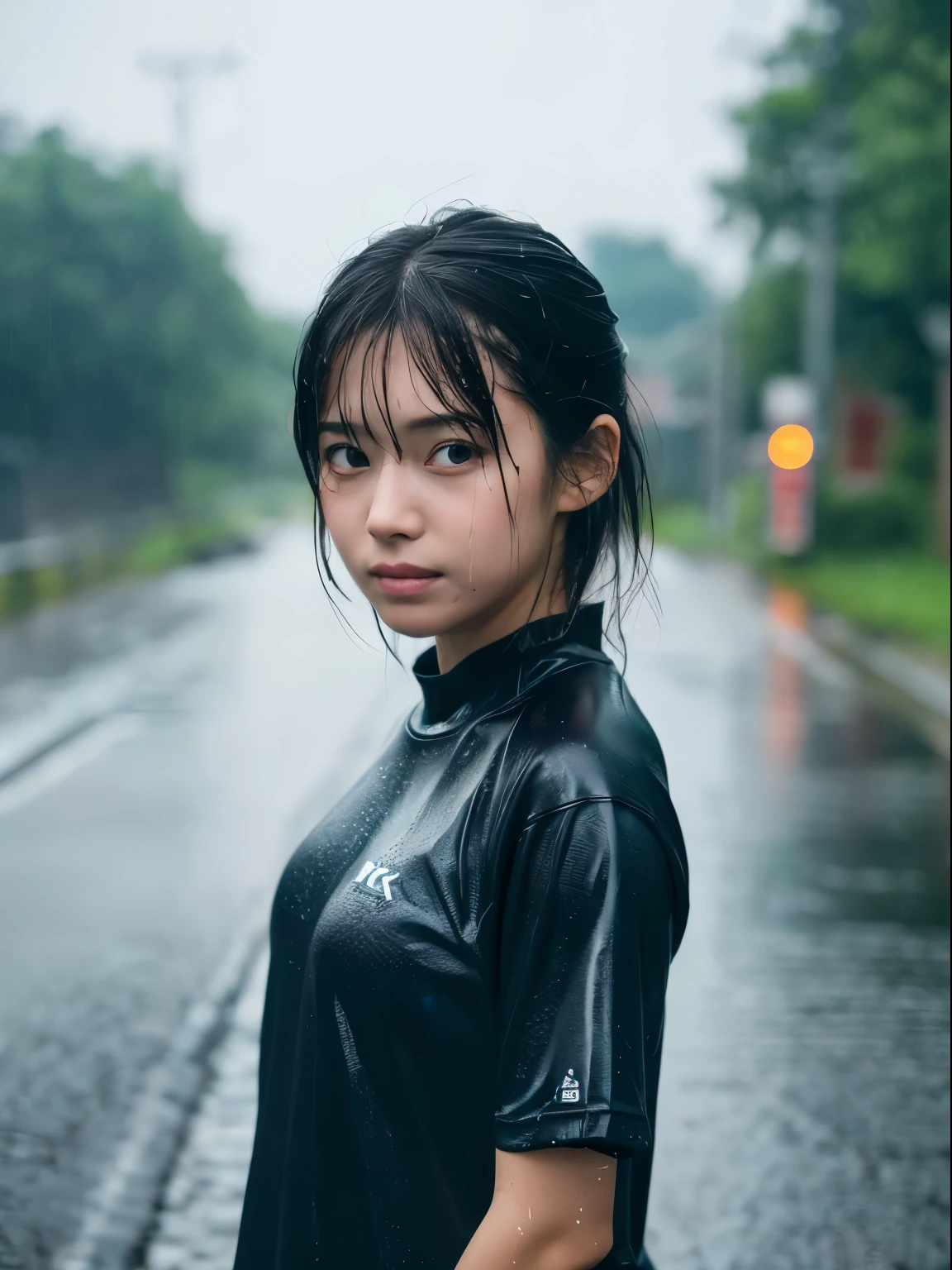 (8k, Top quality, Masterpiece:1.2), (Realistic, photo-realistic:1.37), Super detailed, perfect ???????, cute, small eyes, 1, a Japanese, girl, heavy rain, wet hair, wet clothes, sweat body, short sleeve, soaking wet, storm, 