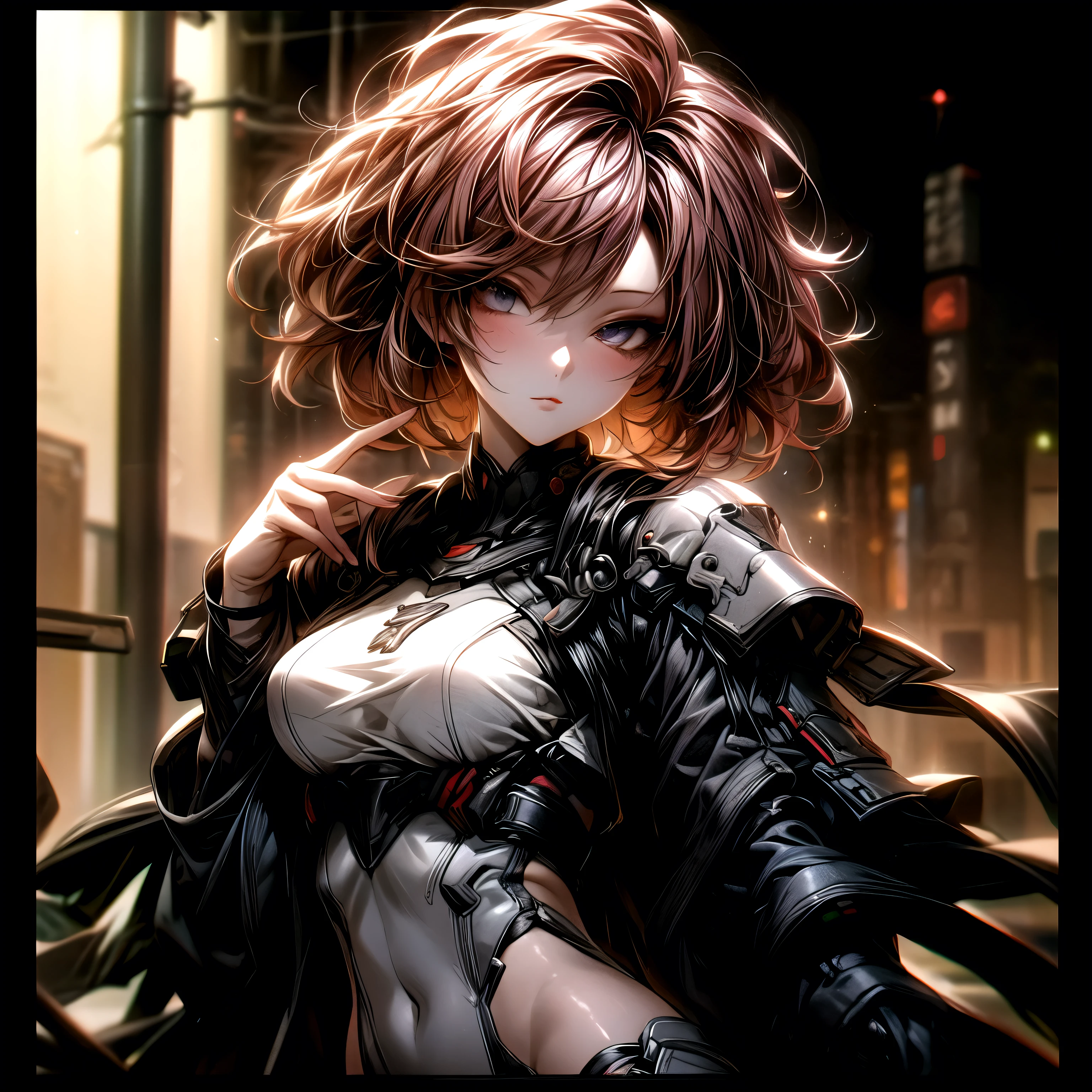 (best quality)), ((Masterpiece)), (details:1.4), 3d, HDR (high dynamic range), an image of a beautiful cyberpunk female, Hips up, cyberpunk, red hair, Short hair, beautiful White eyes, จมูกโด่ง, ปากแดง, หน้าอกใหญ่, nvidia RTX, PBR surface, After processing, Anisotropic filtration,depth of field, Maximum clarity and clarity, multi-layered surface, Subsurface scattering, perfect proportions, 8K raw files, ultra detailed, Perfect proportions, volumetric lighting, soft lighting, Holy Paladin, Heavy Black Armor, glossy skin, street background, jewely, ต่างหู, นิ้วมือสมบูรณ์,