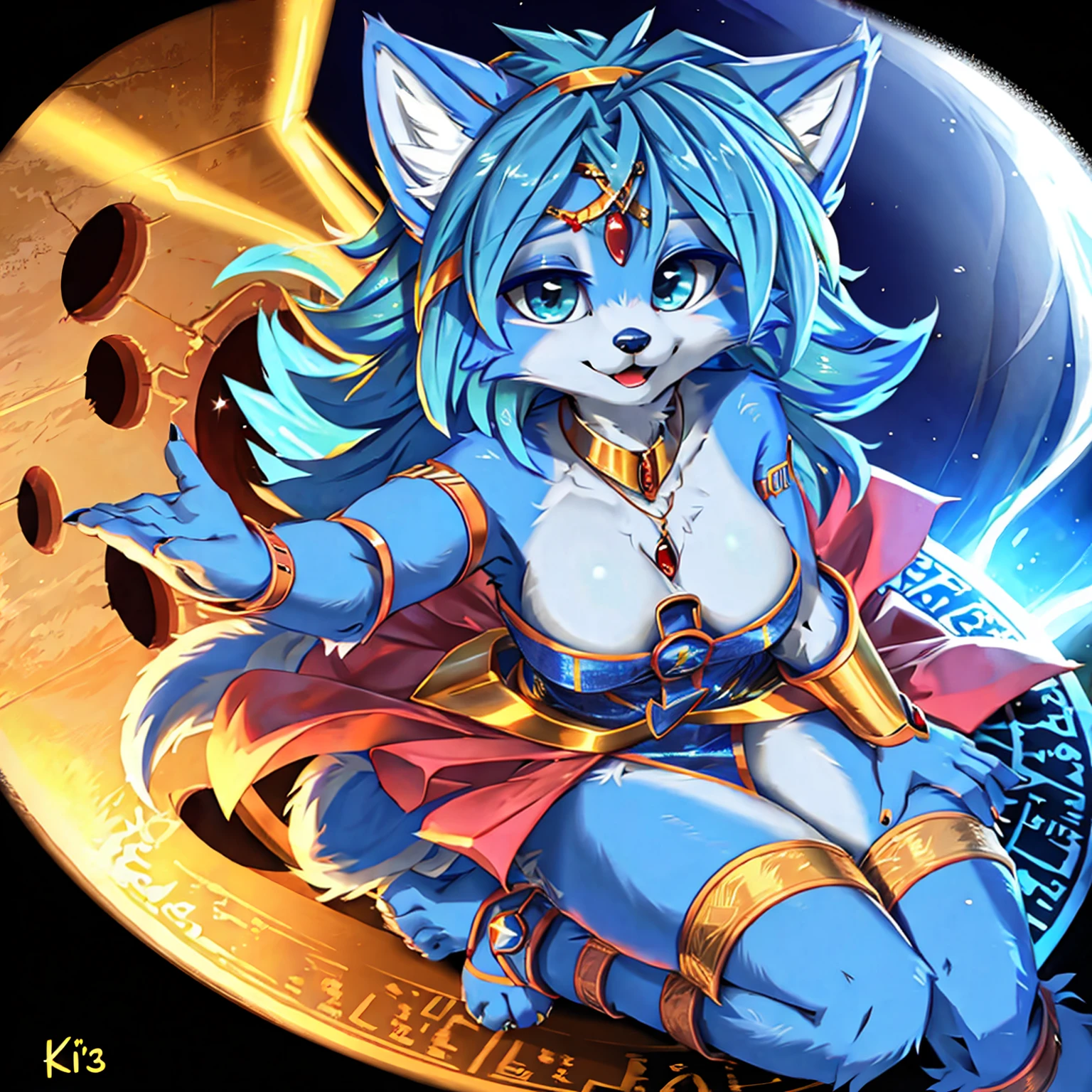 A beautiful and detailed (sweet picture) wa ((krystal)), Star Fox krystal, sslim, lovable, green eyes, medium , (((Long blue hair 1.3))), Decollete, anthro, furry, Uploaded E621, detailed fluffy fur, (wa Fluff-Kevlar, Bayard Wu, Pino Daeni), detailed face, (fluffy), 1 girl, alone, sweet girl, (((hole body))), magician Outfit