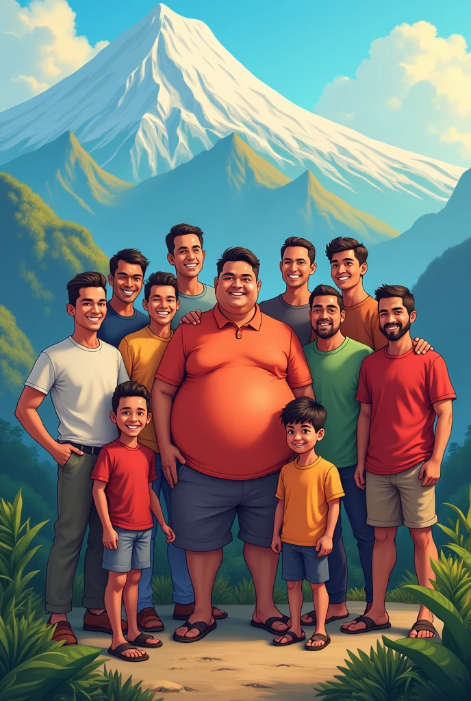 Create a full HD cartoon-style illustration of 11 Indonesian men posing together against a stunning mountain backdrop. The scene should feature high-quality lighting, making the colors pop and adding depth to the image. One of the men should be noticeably larger, with a round, jovial figure, adding a humorous element to the group. Each man should have unique facial features and expressions, reflecting Indonesian cultural diversity, with a vibrant and warm atmosphere that highlights both the camaraderie of the group and the natural beauty of the mountain landscape."