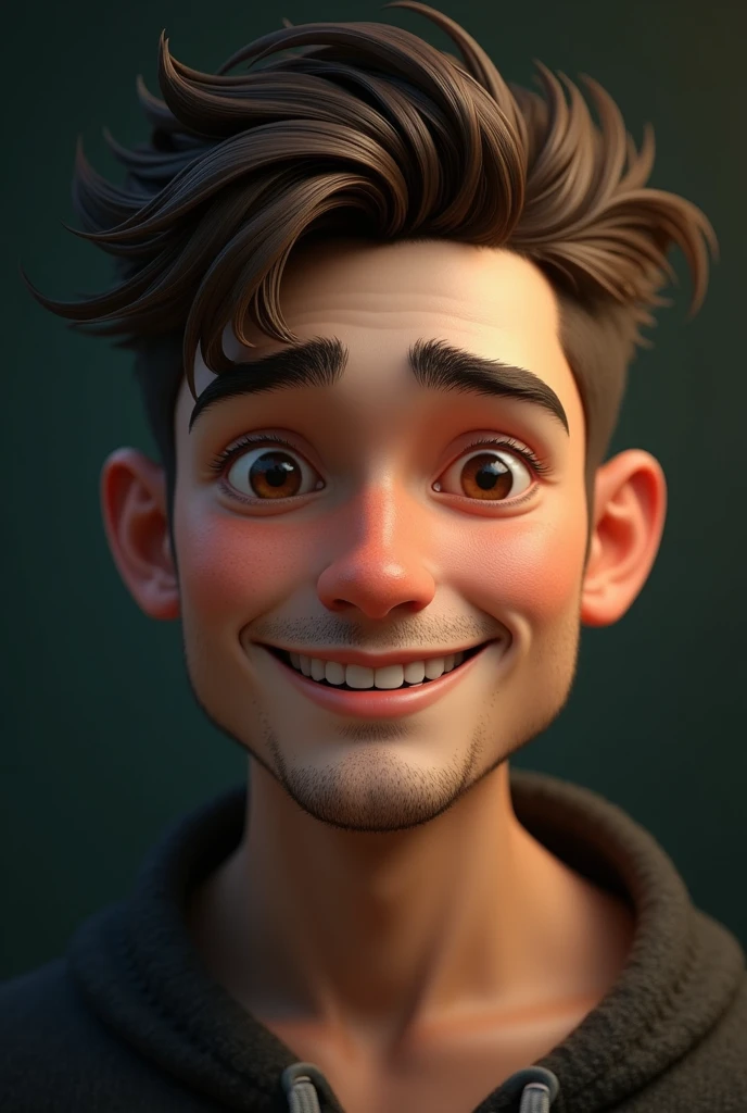 smiling young man, with a big nose, clear hair, eyes browns, mysterious