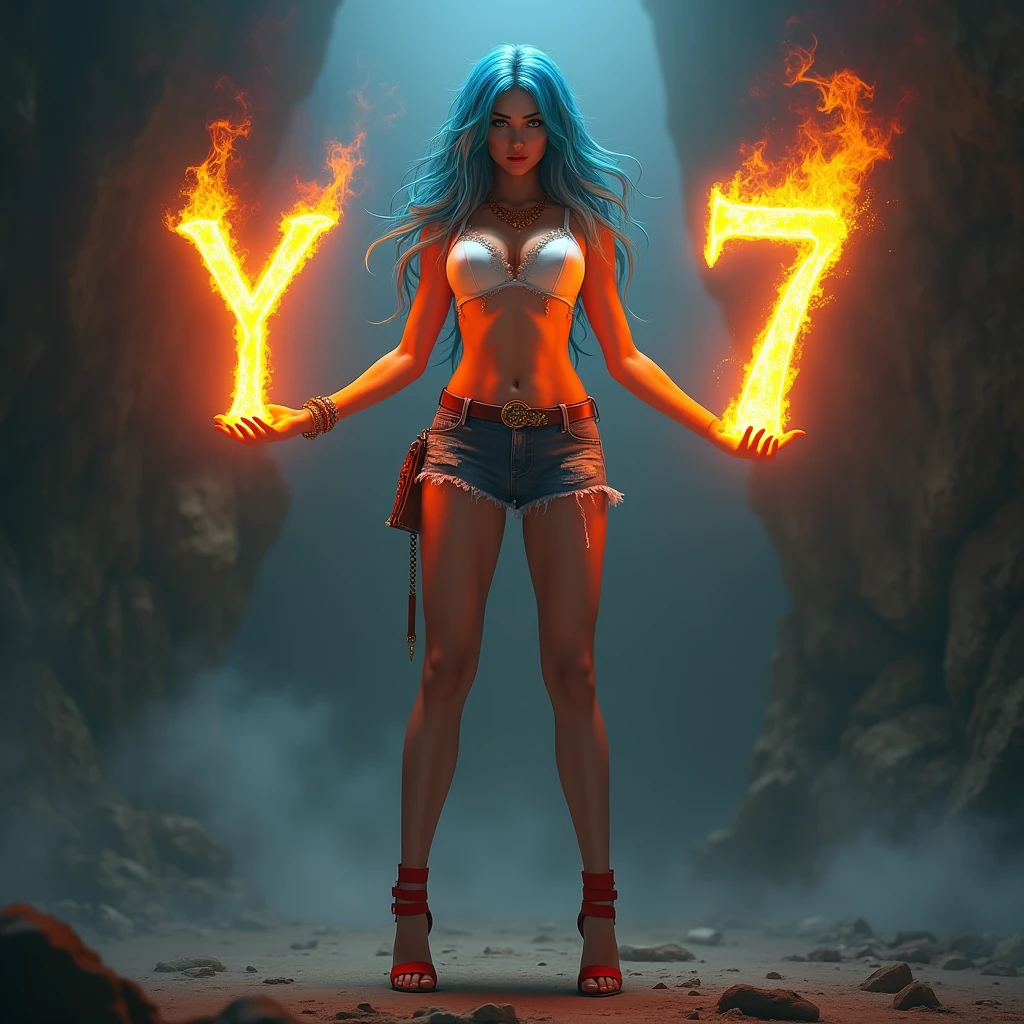 Evil woman with blue hair, with white bikini, denim skirt and red high heel sandals, holding the letter Y of fire in the right hand and the number 7 of fire in the left hand.