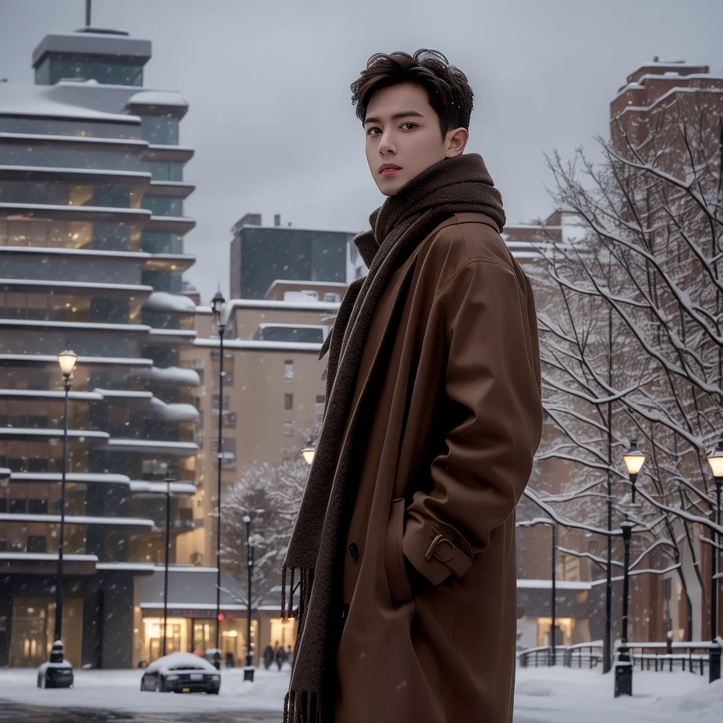 best quality, masterpiece, (photorealistic:1.4), 1boy, solo, short hair, big eyes, brown coat,scarf, ((upper body:1.3)), dramatic lighting, looking at viewer, standing, outdoors, snow, cityscape, streets, buildings,
