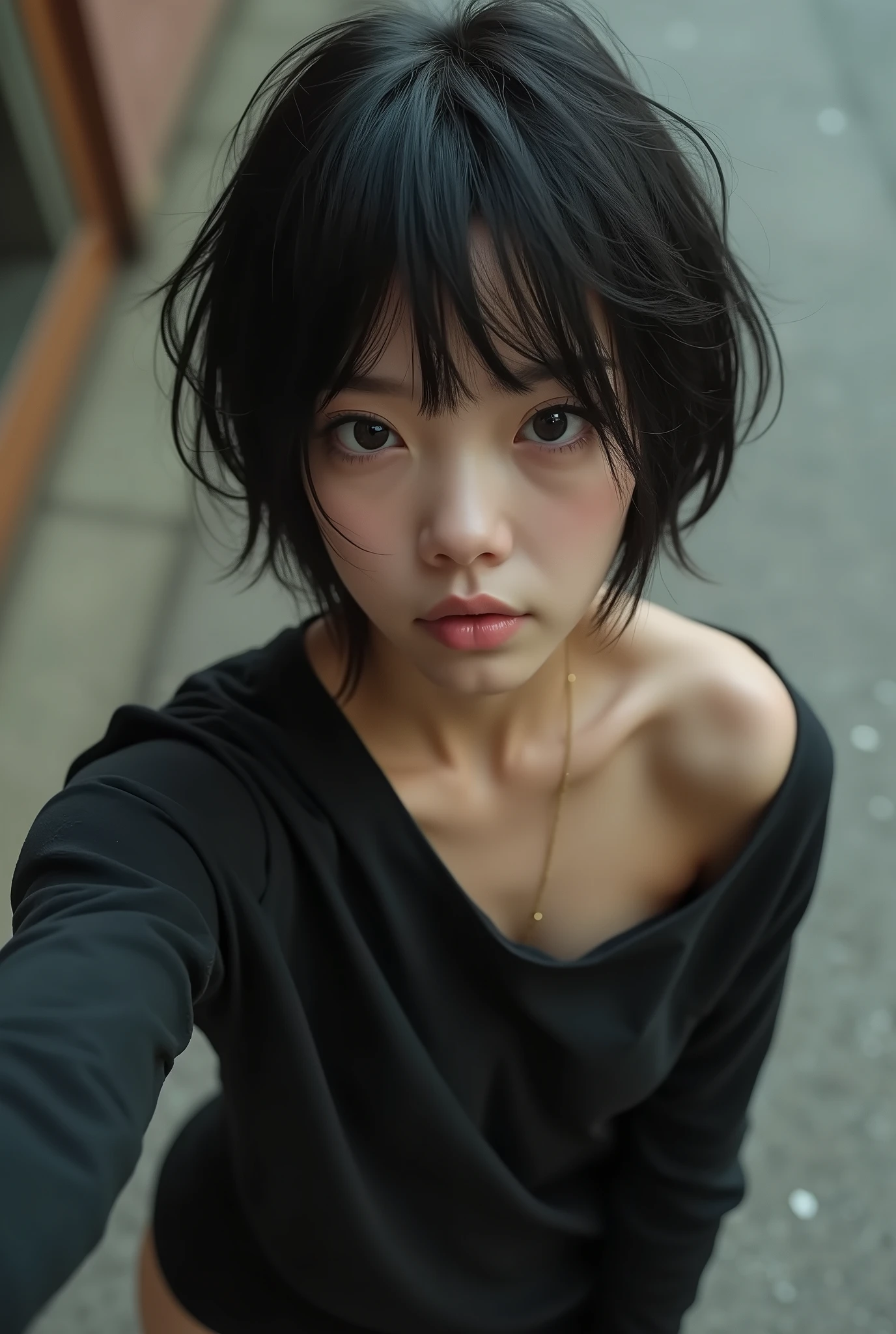 absurdres,, (1girl:1.2), (abs:1.23),huge_breasts、unity Dynamism,forward leaning posture、she looks away, Loose-fitting clothing、Blurred Background、Sagging breasts、(black clothes:1.5)、(Close-up:1.55)、Photorealistic、Japanese、The Beauty of the Japan、Very Short Hair、Boyish Girl、Selfie、Selphy、