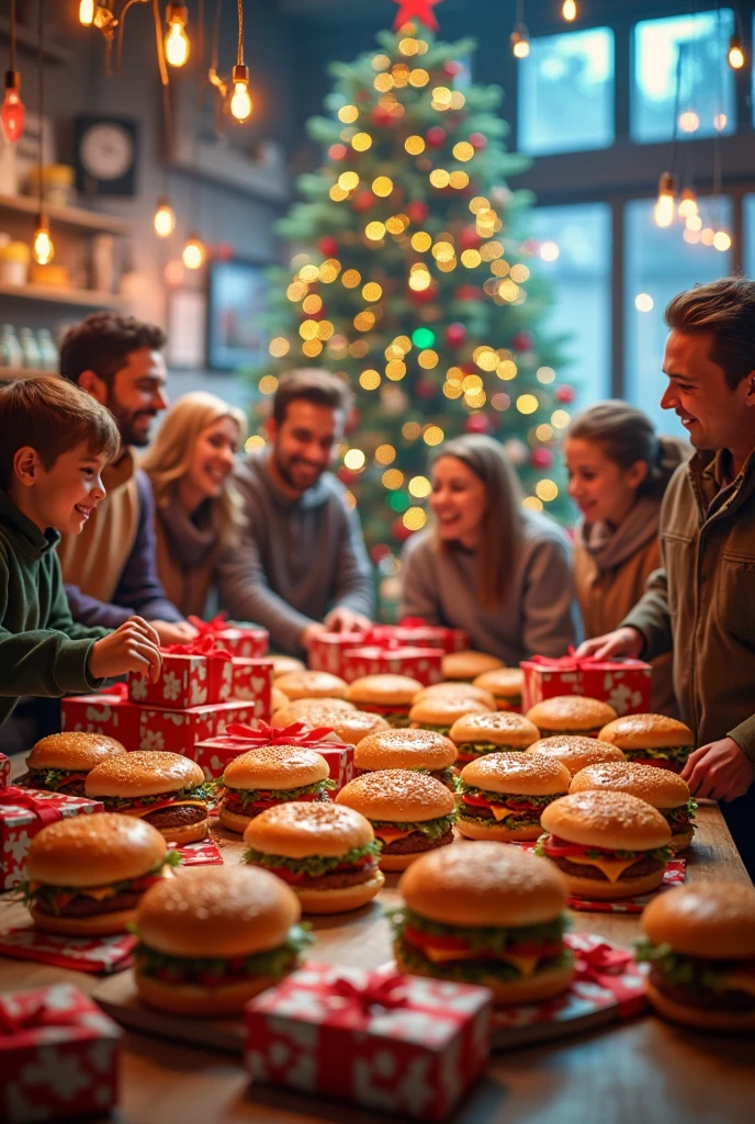IMAGE OF GIFTS AND RAFFLES FOR CHRISTMAS WITH EYE-CATCHING BACKGROUND AND VERY HAPPY WORK ENVIRONMENT WITH MUSIC MORE THAN 5 PEOPLE WITH TREE AND LOTS OF BURGERS MORE THAN 10 BURGERS