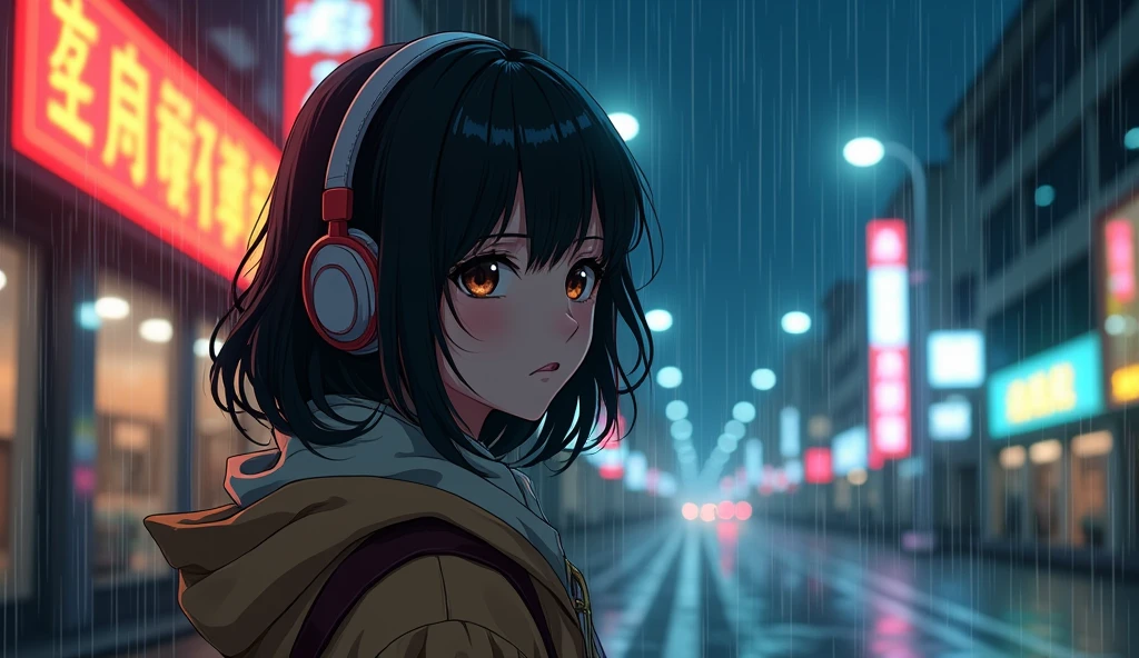 Perfect image, 8k, high school girl、 Using headphones, 2D-style animation, Lo-Fi, metropolis、night、rain、Emotional、Retro、Anime style illustrations