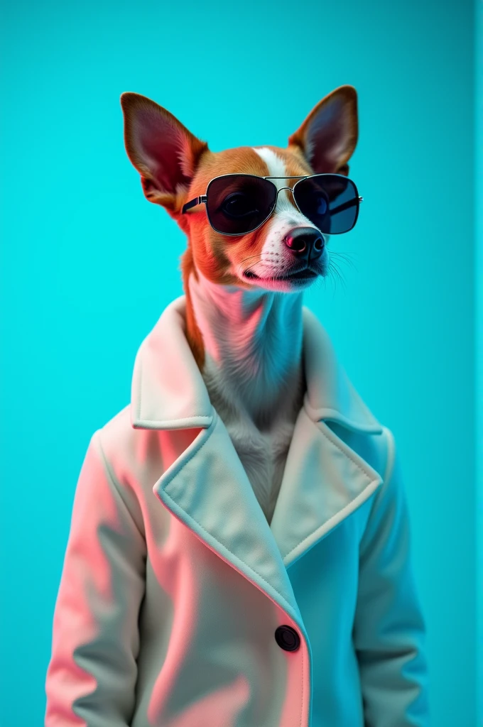 The best cell phone wallpaper, Award-Winning Wallpaper, portrait photography, In the front view is a portrait of a cute dog wearing mid-1960s space age fashion, Side view photo, Shot with Canon EOS R5, Set a strong contrast that accentuates the subject, Fluorescent blue tone, Wearing a very modern coat and sunglasses is a modern 1960s style, Clothes all in one color, beautiful background