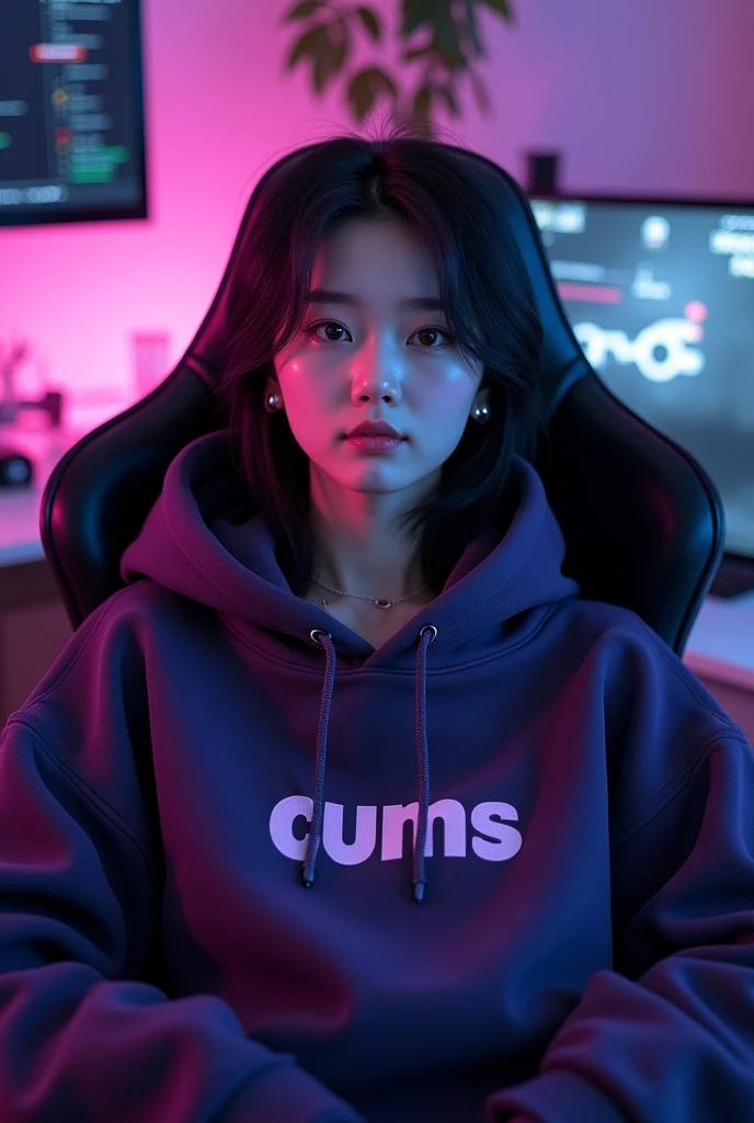 A beautiful white Korean woman sitting on a gaming chair wearing a dark purple hoddie with a name on the hoddie " Cums "