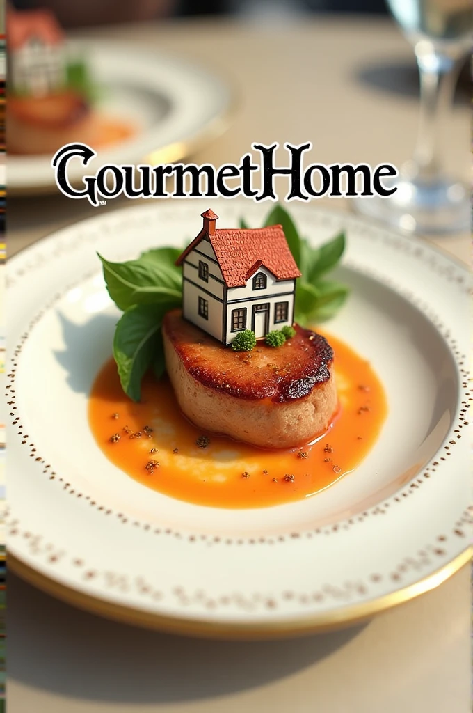 Make a GourmetHome isotype:

Image: A gourmet dish with a house in the background, perhaps with a gold rim to highlight the quality.
Text: “GourmetHome” with sophisticated typography.

Make an isologo