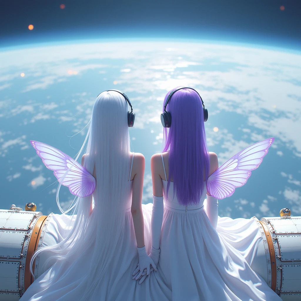 A woman with long white hair,she will wear a long white dress,and a Korean woman with long purple hair,She will wear headphones and a very long dress and two butterfly wings,They will have their backs to the image and will be sitting on top of a satellite above the earth