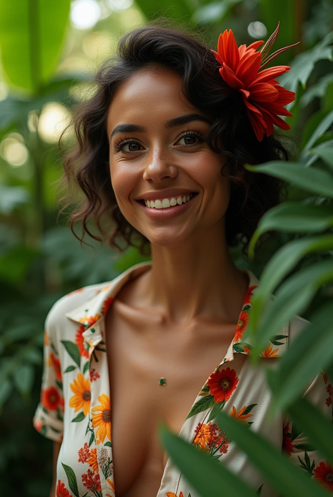 A Brazilian woman in a lush tropical garden, wearing an open shirt with a floral print, with a close-up capturing the harmonious beauty between her breasts and the natural flowers, showing off your natural charm and outgoing personality.
