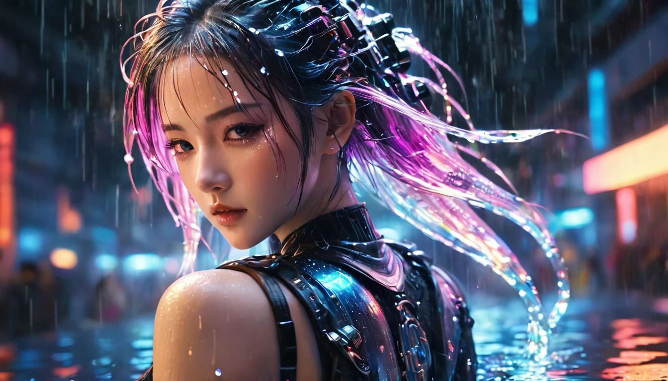 1 girl,beautiful, cyberpunk style,Bling Bling Bling Bling,motion blur,water drop,Cinematic lighting effects