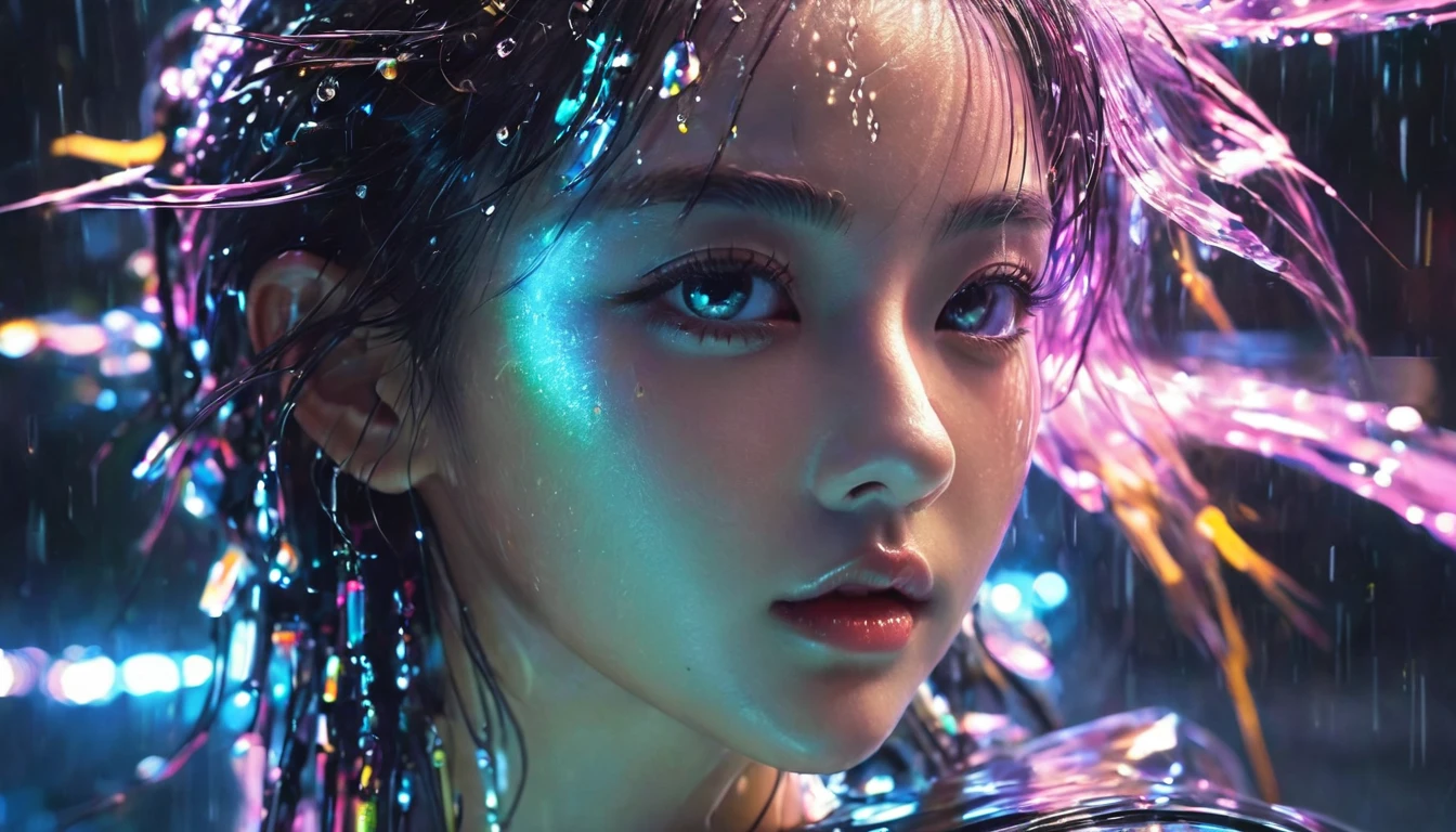 1 girl,beautiful, cyberpunk style,Bling Bling Bling Bling,motion blur,water drop,Cinematic lighting effects