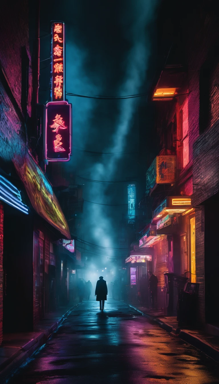 A dark city street at night, illuminated by neon signs and streetlights, with a shadowy figure walking through a haze of smoke and light, capturing the feeling of being lost in the intoxication of the nightlife.