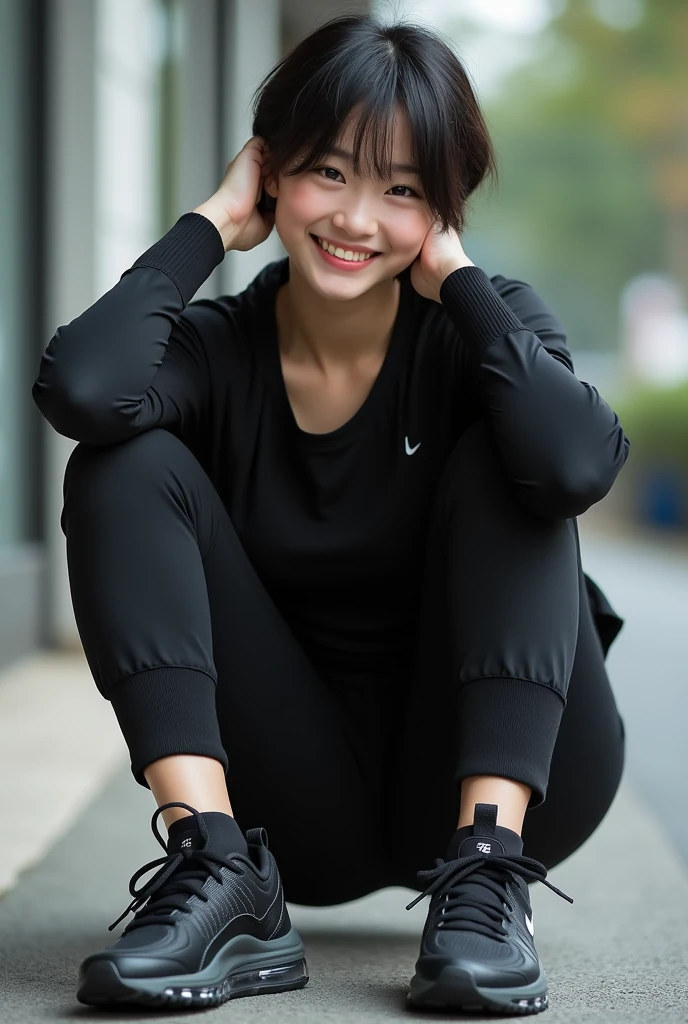 absurdres,, (1girl:1.2),  (abs:1.23),huge_breasts、unity  Dynamism,forward leaning posture、she looks away, Loose-fitting clothing、Blurred Background、Sagging breasts、A happy look、Sitting、Legs crossed、(black clothes:1.5)、NIKE sneakers、Sneaker commercial、(Close up on sneakers:1.55)、Photorealistic、Japanese、The Beauty of the Japan、Very Short Hair、Boyish Girl、