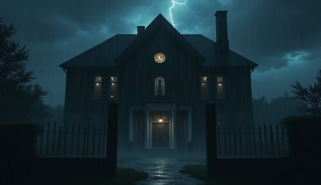 A dark, atmospheric scene depicting a large, ominous house under a striking thunder amidst heavy rainfall at dark night. The scene is almost entirely black, with only a few windows illuminated by a dim light, creating a stark contrast. The structure is framed by two tall, white columns at the entrance, which are illuminated by a thunder, stand out against the darkness. Above the entrance, a small, arched window is faintly visible. The rain is pouring down, adding to the gloomy and eerie mood of the scene.