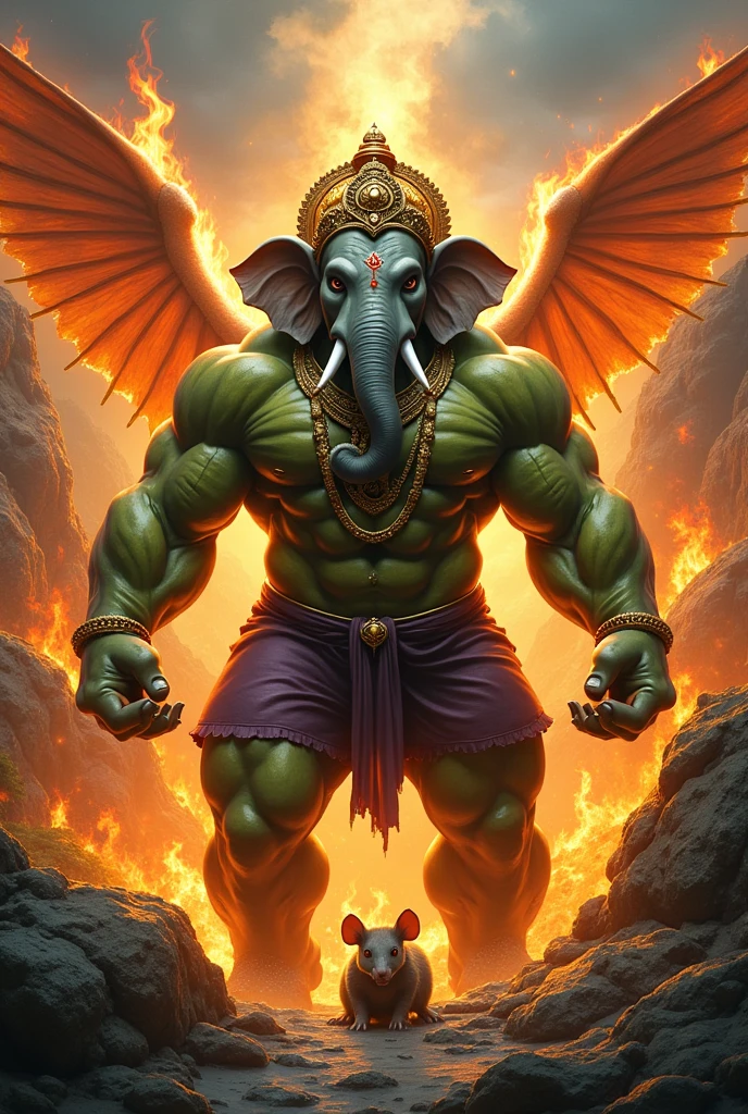 Lord ganesha, hulk body , angry eyes, fire background
with nature dragon rat with fire wings