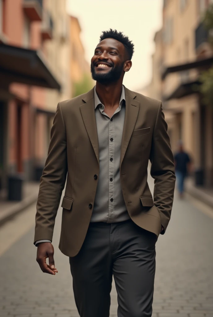Black man. Walking to a hostel. Very mindful. Very Demure. Smiling. Ultra high resolution.