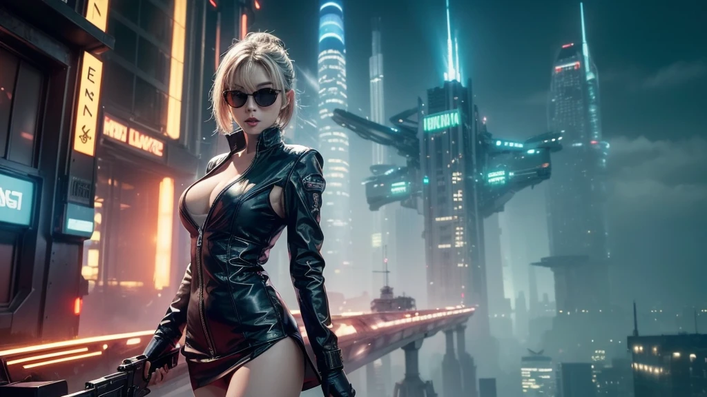 (Wide angle view). Blade Runner style futuristic city, simple outlined transparent neon tall buildings, glowing giant clock tower, flying cars, helicopter, lightning, 3D rendering Beeple. At night, (1girl, solo, alone), photorealistic, medium-breast slim:0.6 body, oval:0.6 face, cleavage:1.1, sexy black laced bra, glove, deep-V, (very low angle view of miniskirt), white laced panty, coat, (Matrix style black micro sunglasses), ((aiming viewer with a short gun)), (running pose), (half-body thigh level close-up shot), cinematic lighting, ray tracing.