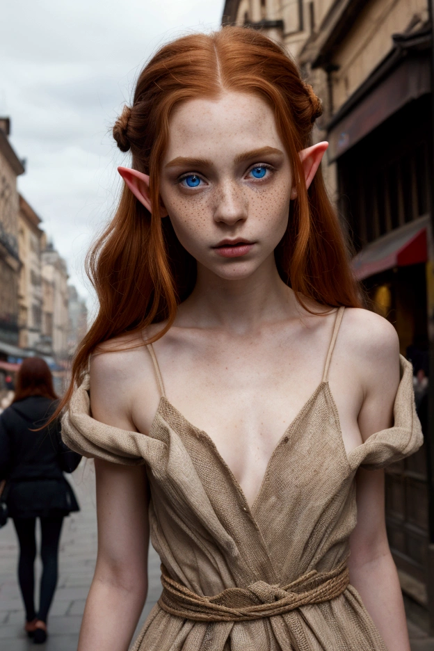 Masterpiece, Aesthetic artwork, Elf girl, elven features, high cheek bones, thin face, full lips, thin nose, realistic elf, aristocratic features, Ginger hair, red hair, shoulder length hair, wavy ginger hair, Pointed elf ears, elf ears, Big eyes, round eyes, realistic eyes, crystal blue eyes, bright blue eyes, body, runner’s body, thin, pale skin, imperfect skin, some small freckles, goosebumps, innocent, textured skin, skin pores (1.1), moles (0.8), A-cup, small breasts, chest, Long legs, small feet, Standing in a busy street, fantasy city, fantasy city street, medieval aesthetic, gloomy city, dark city, crowded street, merchants in background, pedestrians in background, Dressed in rags, dressed in a burlap sack, fully dressed, visible arms and legs, Extremely detailed (8k wallpaper), high quality, film grain, Fujifilm XT3 sharp focus, f 5.6, 50mm, High Detail, Sharp focus, (outdoor light), crazy details, complex details, hyperdetailed, strong lighting with shadows, hard and soft shadows
