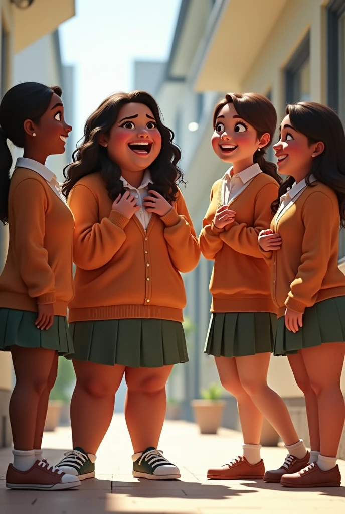 disney pixar character 5 students wearing uniform (1 tan and plus size male and 4 white female) laughing and talking to one another. Full body