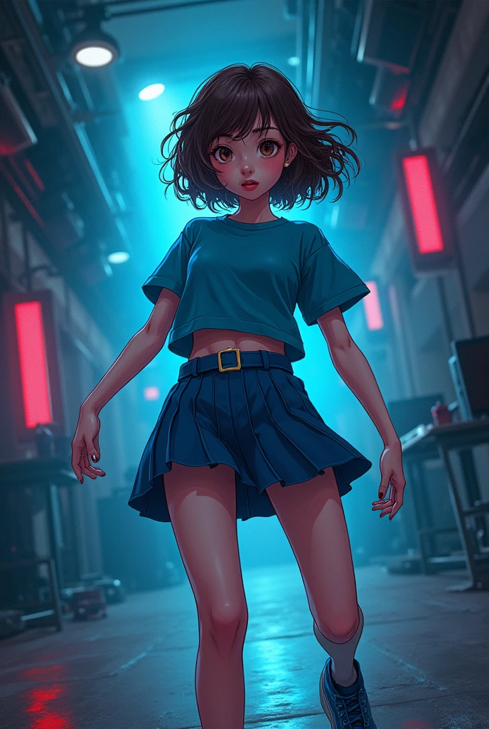 Junji Itto studio movie style poster of girl in blue top, Short brown hair, short blue skirt, gamer style