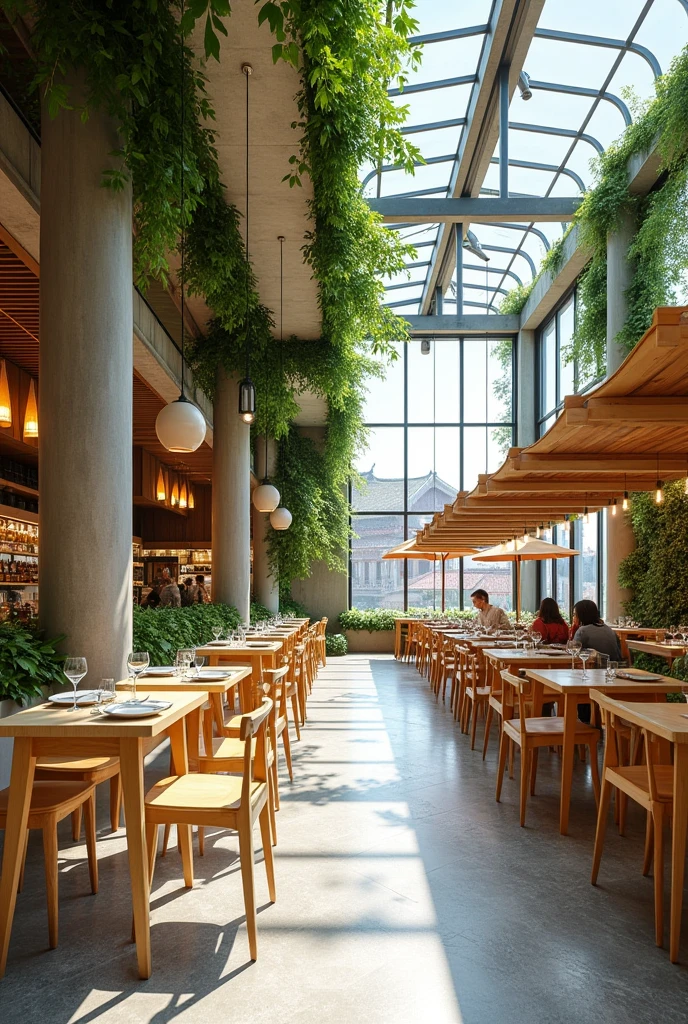 Food Court (open space)
design: The food court is an open space that allows natural light and ventilation., creating a pleasant atmosphere for diners. besides, offers views of a nearby temple, which adds visual and cultural appeal to the surroundings.
floor: Non-slip stone in grey or beige tones, providing durability and a natural look.
walls: Microcement on the closed side, offering a neutral and easy to clean base, which contrasts with the open environment.
ceiling: Metal structure with hanging vines that bring freshness and a natural touch to the space.
Furniture: Light wood tables and chairs, that complement the texture of the stone and vegetation, creating a cozy atmosphere.
lightning: Minimalist design pendant lamps and accent lights on the ground to highlight the plants and create a warm atmosphere at night.
vegetation: Potted plants and a green wall add freshness and a natural element to the space.