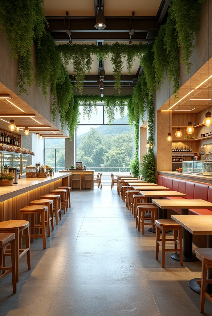 Food Court (open space)
design: The food court is an open space that allows natural light and ventilation., creating a pleasant atmosphere for diners. besides, offers views of a nearby temple, which adds visual and cultural appeal to the surroundings.
floor: Non-slip stone in grey or beige tones, providing durability and a natural look.
walls: Microcement on the closed side, offering a neutral and easy to clean base, which contrasts with the open environment.
ceiling: Metal structure with hanging vines that bring freshness and a natural touch to the space.
Furniture: Light wood tables and chairs, that complement the texture of the stone and vegetation, creating a cozy atmosphere.
lightning: Minimalist design pendant lamps and accent lights on the ground to highlight the plants and create a warm atmosphere at night.
vegetation: Potted plants and a green wall add freshness and a natural element to the space.