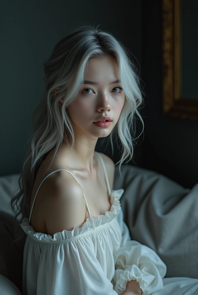 Beautiful girl with white skin, light gray hair, professional photo, realistic, against the backdrop of a dark living room, gray