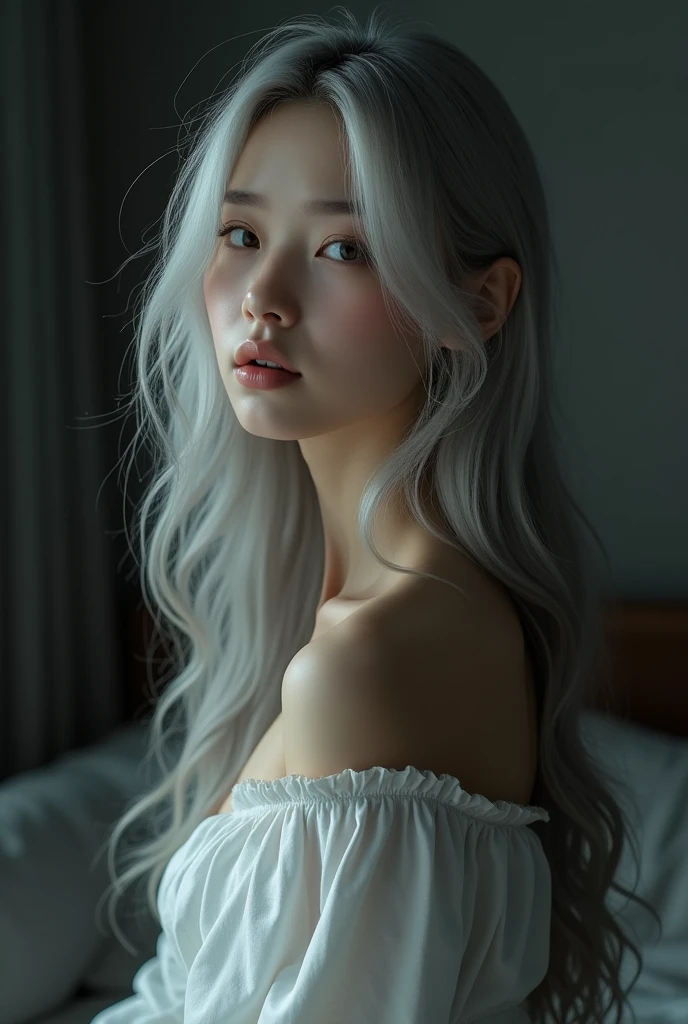 Beautiful girl with white skin, light gray hair, professional photo, realistic, against the backdrop of a dark living room, gray