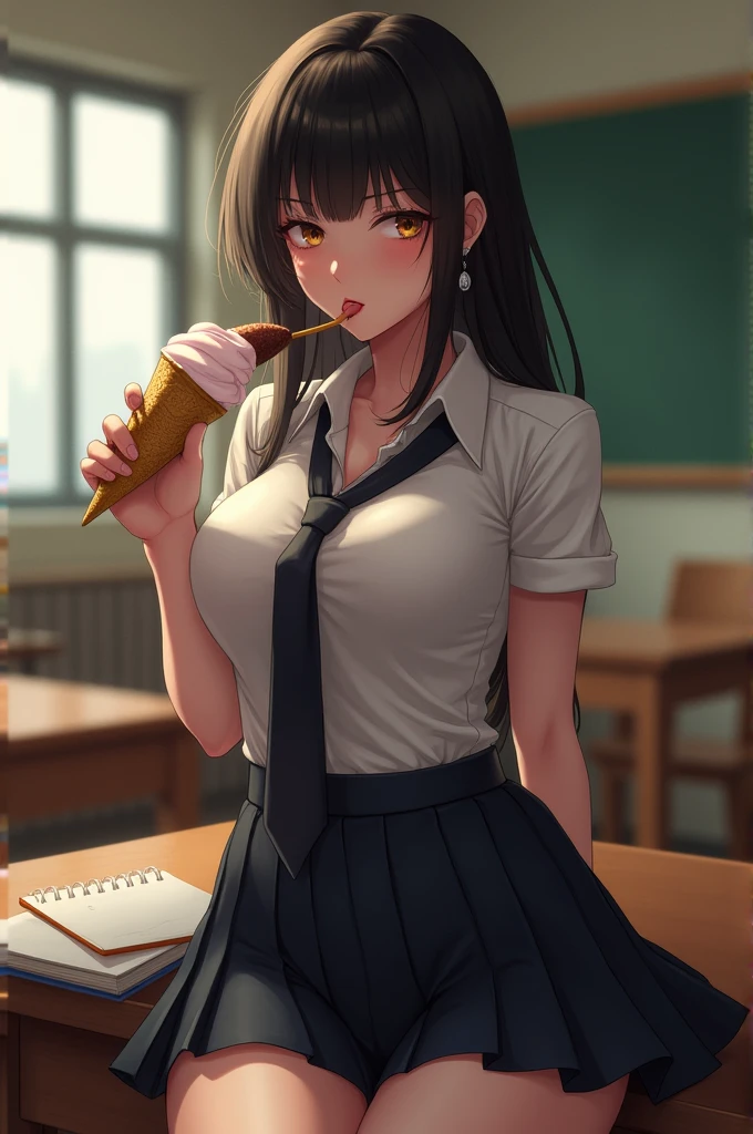 Girl with huge tits in school uniform eating ice cream provocatively 