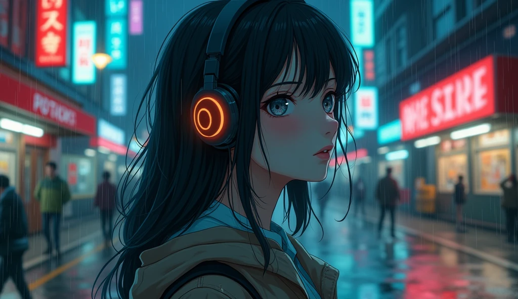 Perfect image, 8k, high school girl、 Using headphones, 2D-style animation, Lo-Fi, metropolis、night、rain、Emotional、Retro、Anime style illustrations