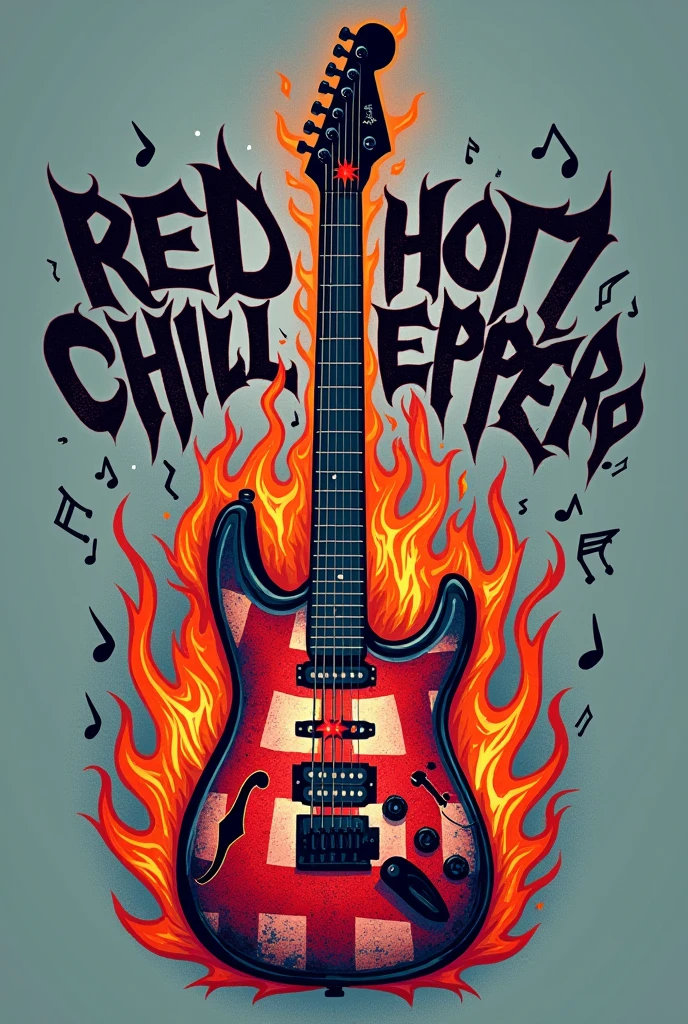 "Design a logo for the music band 'Red Hot Chili Peppers' that combines bold American political themes with their energetic rock-and-roll style. Feature a central electric guitar with an American flag motif, where the guitar body is painted with stars and stripes. Integrate flames and chili peppers that intertwine around the guitar neck, giving a dynamic, fiery effect. The band's name, "Red Hot Chili Peppers" should be in bold, graffiti-style lettering that appears to be scorched or singed at the edges, conveying a rebellious spirit. Incorporate musical notes subtly around the logo, and use a vibrant color palette of red, blue, white, and hints of orange for a modern, edgy look. The design should be visually captivating, merging elements of music, patriotism, and the band's fiery essence into a cohesive and eye-catching logo."