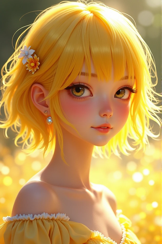 masterpiece, best quality, highres, 1girl, luminedef, short hair, yellow hair, hair ornament,