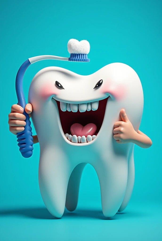 An image of a tooth with a fang and a toothbrush in hand with blue background color