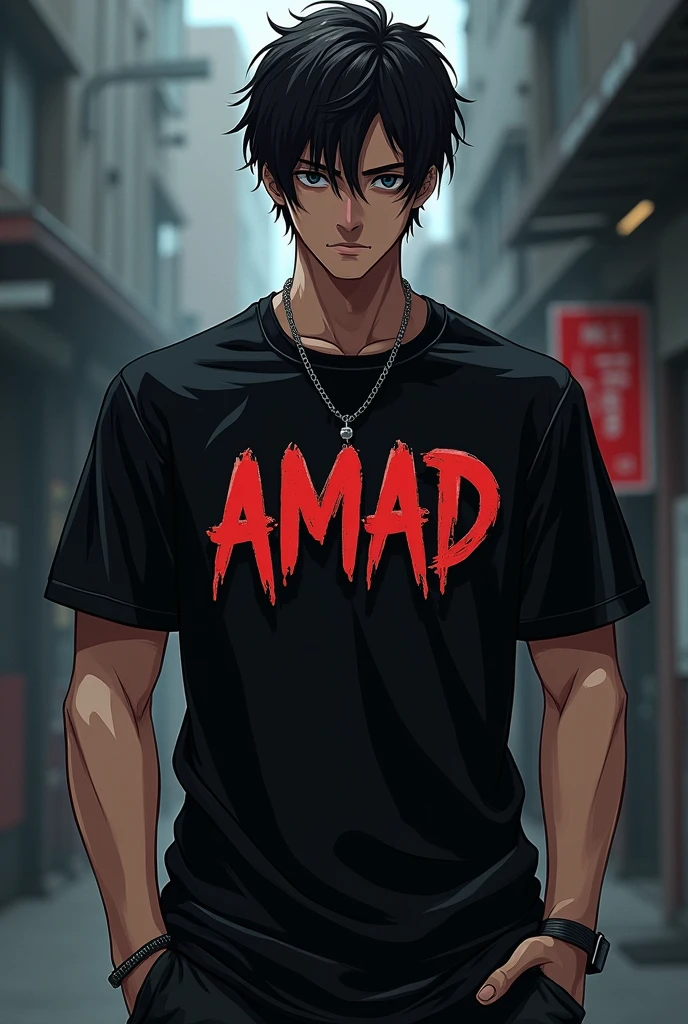 Anime black shirt bad  boy on her shirt writen AMAD