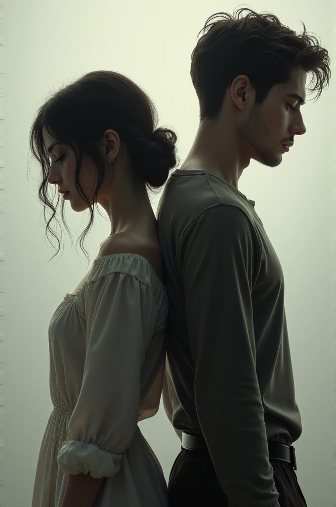A beautiful young woman and a handsome young man stood behind each other in opposite directions with sad faces.