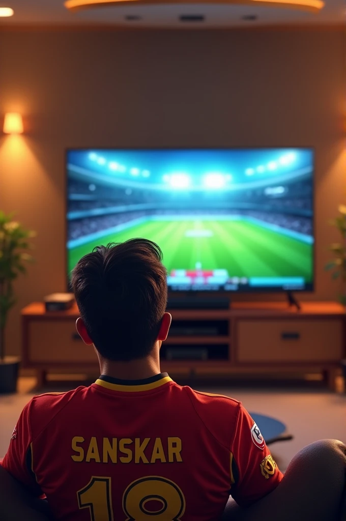In a spacious, tastefully decorated living room, a life-like scene unfolds. A young man, approximately , engrossed in IPL match, sits before a grand LED TV. He proudly sports a vibrant RCB Team jersey on which name "sanskar" and the number "18 RCB" emblazoned boldly. The natural lighting cascades through the room, illuminating every detail, while the LED TV screen displays the match in all its glory, captivating the viewer's attention