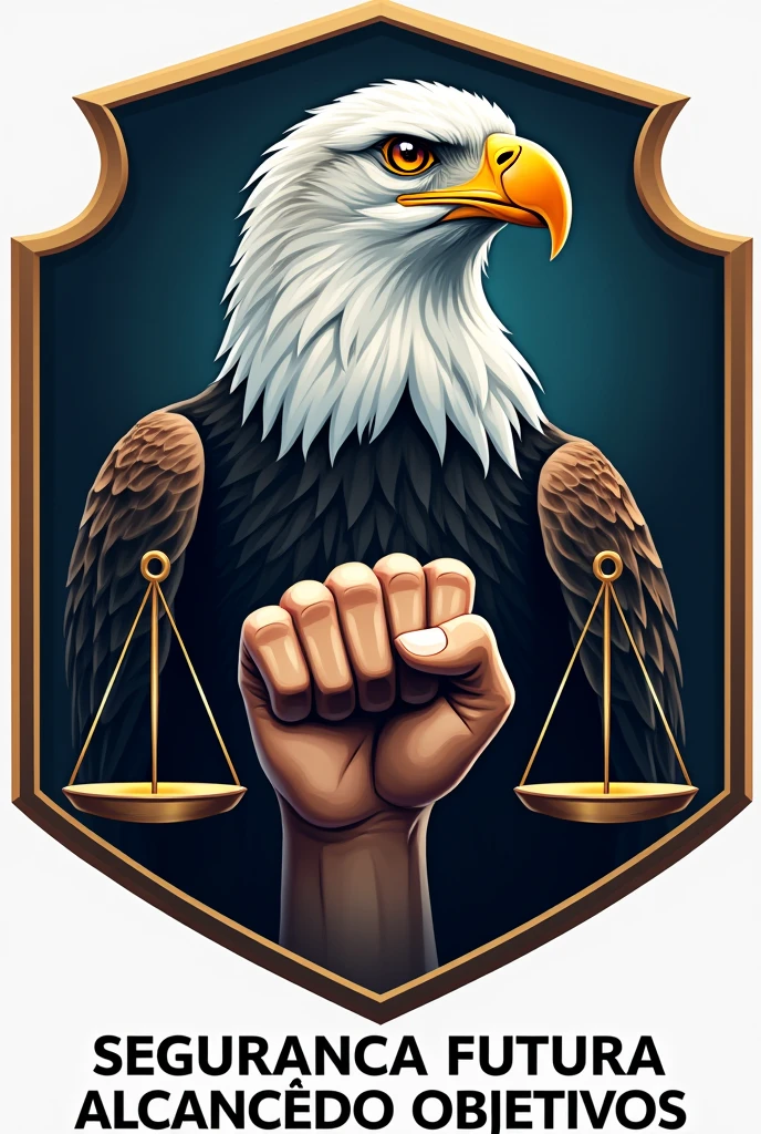 Generate a realistic logo with an eagle and symbol of justice and a closed fist with the name underneath " security future achieving goals " translated into Portuguese