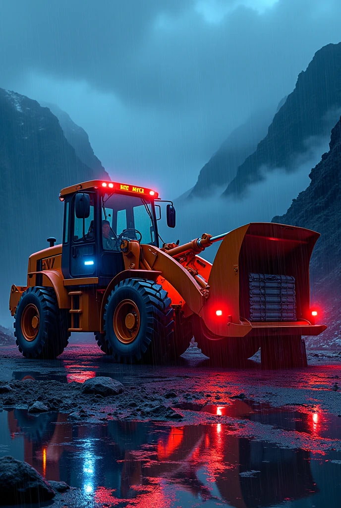 Backhoe loader loading ,hyva , neon light, night view, super light, mountain, rain water