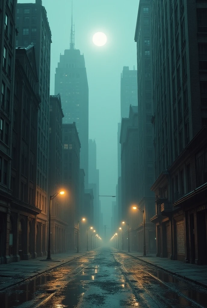 A deserted city at night with light rain