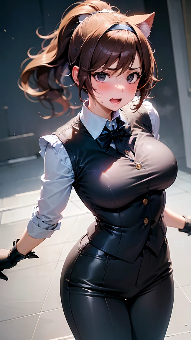 score_9, score_8_up, score_7_up, source_anime, 1girl, black eyes, There are injuries on the face, room, wariza, medium hair, messy ponytail, dark brown hair, portrait, starshadowmagician, solo, Adult woman, best perfect anatomy, thin, curvy body, flat breasts, curvy body, close up shot on person, a woman showing embarrassment, shy face, blush, open mouth, light smile, close up shot on person, pov_doorway, a woman showing his hand, mature woman standing poses, wear cat ear headband, white shirt, black tie, Long-sleeved shirt, format black vest, white format gloves, black trousers, dynamic angle. perfect dynamic composition, foreshortening, night days, volumetric lighting, background:hotel room,