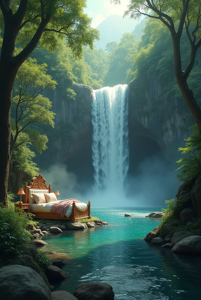 in the forest、A beautiful waterfall can be seen、Luxurious riverside bedroom