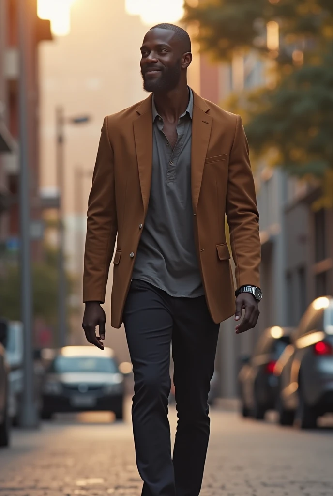 Black man. Walking to a hostel. Very mindful. Very Demure. Smiling. Ultra high resolution.