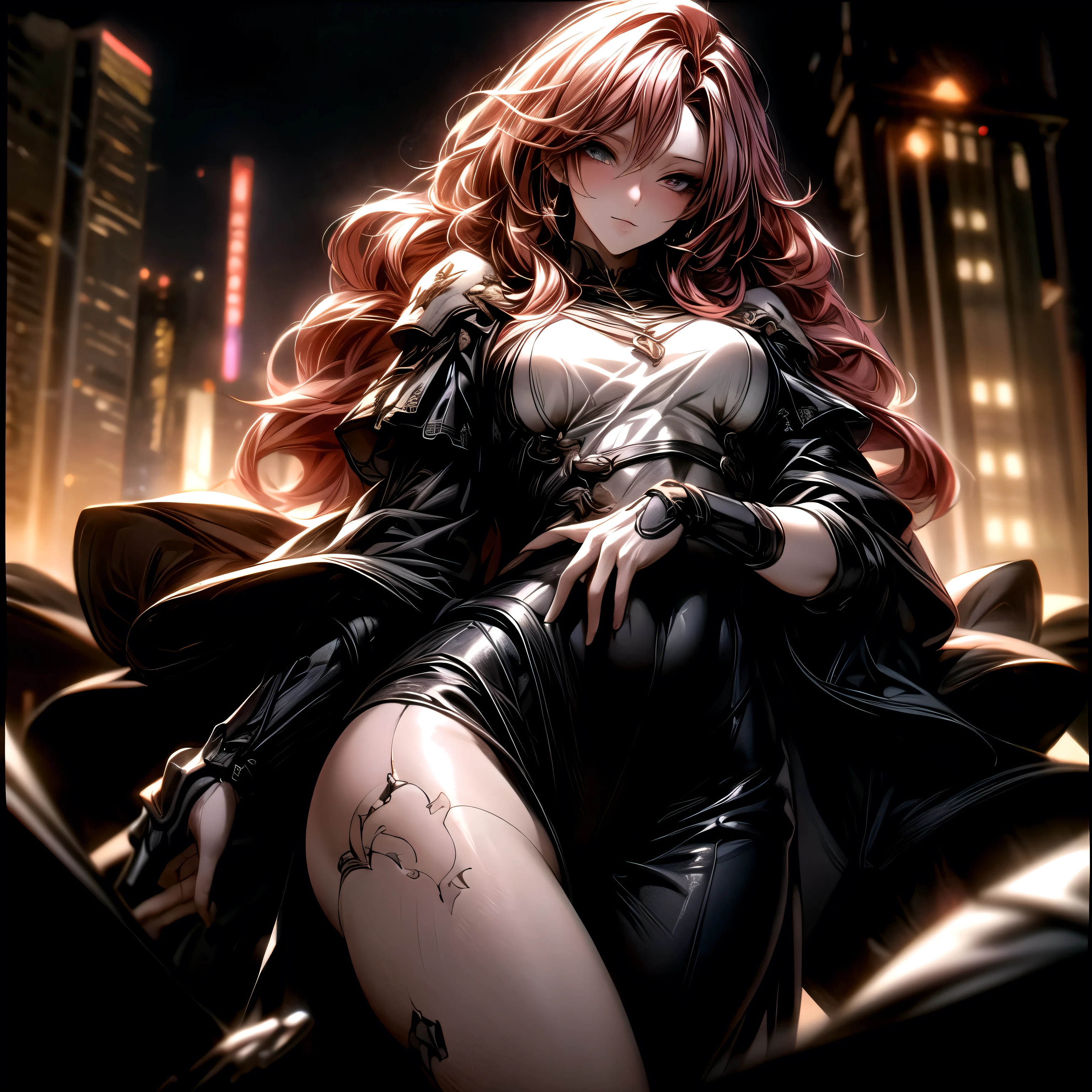 (best quality)), ((Masterpiece)), (details:1.4), 3d, HDR (high dynamic range), an image of a beautiful cyberpunk female, Hips up, cyberpunk, medieval, Fantasy, red hair, long hair, beautiful White eyes, จมูกโด่ง, ปากแดง, หน้าอกใหญ่, nvidia RTX, PBR surface, After processing, Anisotropic filtration,depth of field, Maximum clarity and clarity, multi-layered surface, Subsurface scattering, perfect proportions, 8K raw files, ultra detailed, Perfect proportions, volumetric lighting, soft lighting, Holy Paladin, Heavy Black Armor, glossy skin, city background, jewely, ต่างหู, นิ้วมือสมบูรณ์,