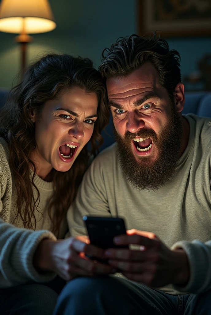 two people holding a phone and madly typing, one is big eye muscle dark dirty men, are in rage sitting in a couch apart