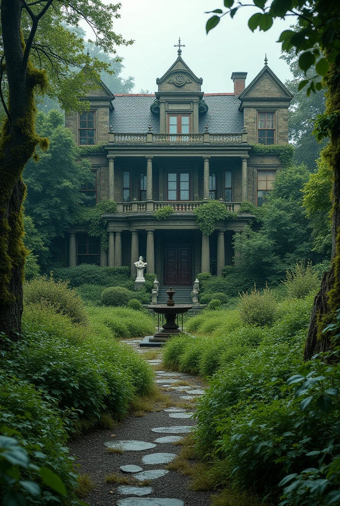 Overgrown Garden**: "An overgrown, wild garden behind the mansion, with tangled vines, tall grass, and forgotten statues. A broken fountain stands in the center, and the air is filled with an unnatural chill. The once-beautiful garden now looks eerie and unwelcoming.